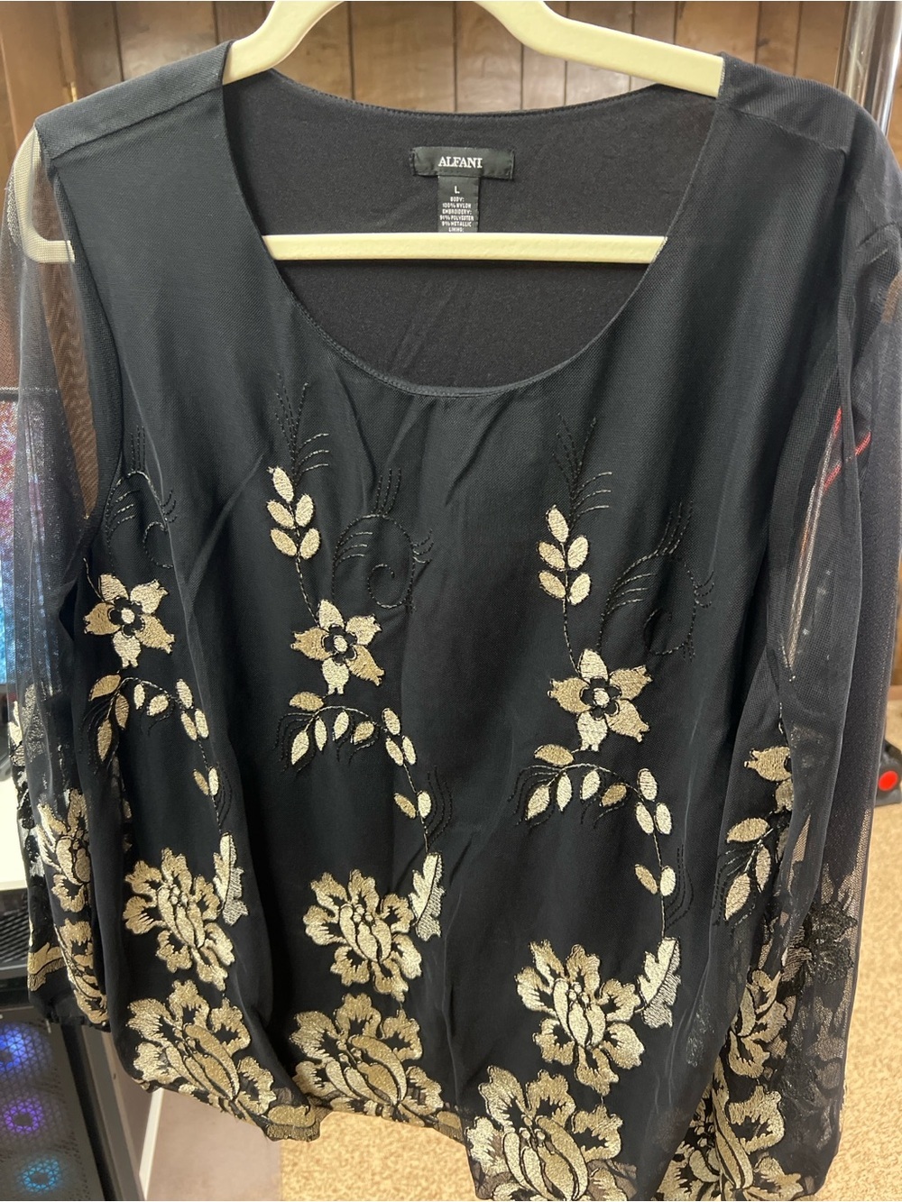 Alfani Black Top with Gold Floral Embroidery Accents - Picture 4 of 4